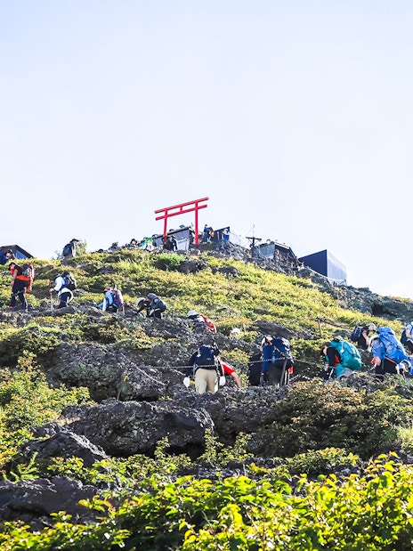 Hikers ascending Mount Fuji trail with distant red Torii gate.