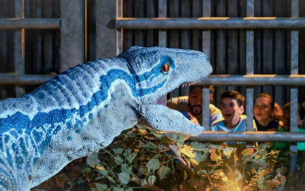 Dinosaur animatronic and visitors at Jurassic World: The Exhibition in Melbourne.