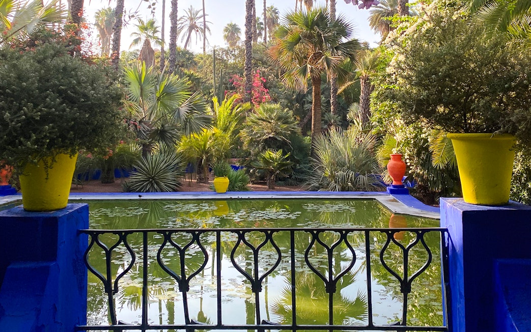 Jardin Majorelle pond with vibrant yellow pots and lush greenery in Marrakech.