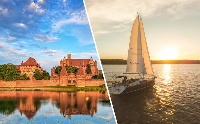 Malbork Castle by river and sailboat on Gdansk river at sunset.