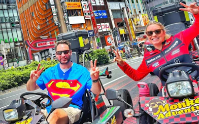 Go-kart riders at Shibuya Crossing during 75-min Monkey Kart experience in Tokyo.