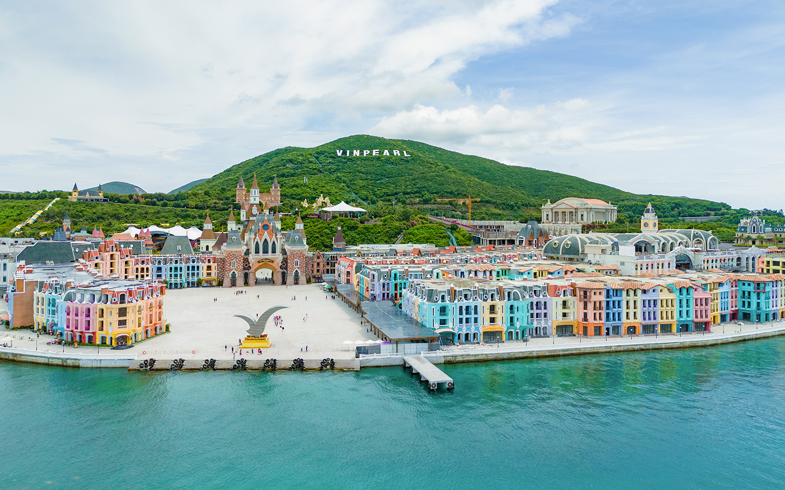 Aerial view of VinPearl Harbour with colorful buildings in Nha Trang, Vietnam.