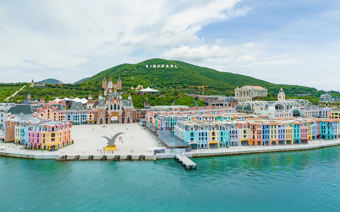 Aerial view of VinPearl Harbour with colorful buildings in Nha Trang, Vietnam.
