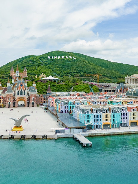 Aerial view of VinPearl Harbour with colorful buildings in Nha Trang, Vietnam.