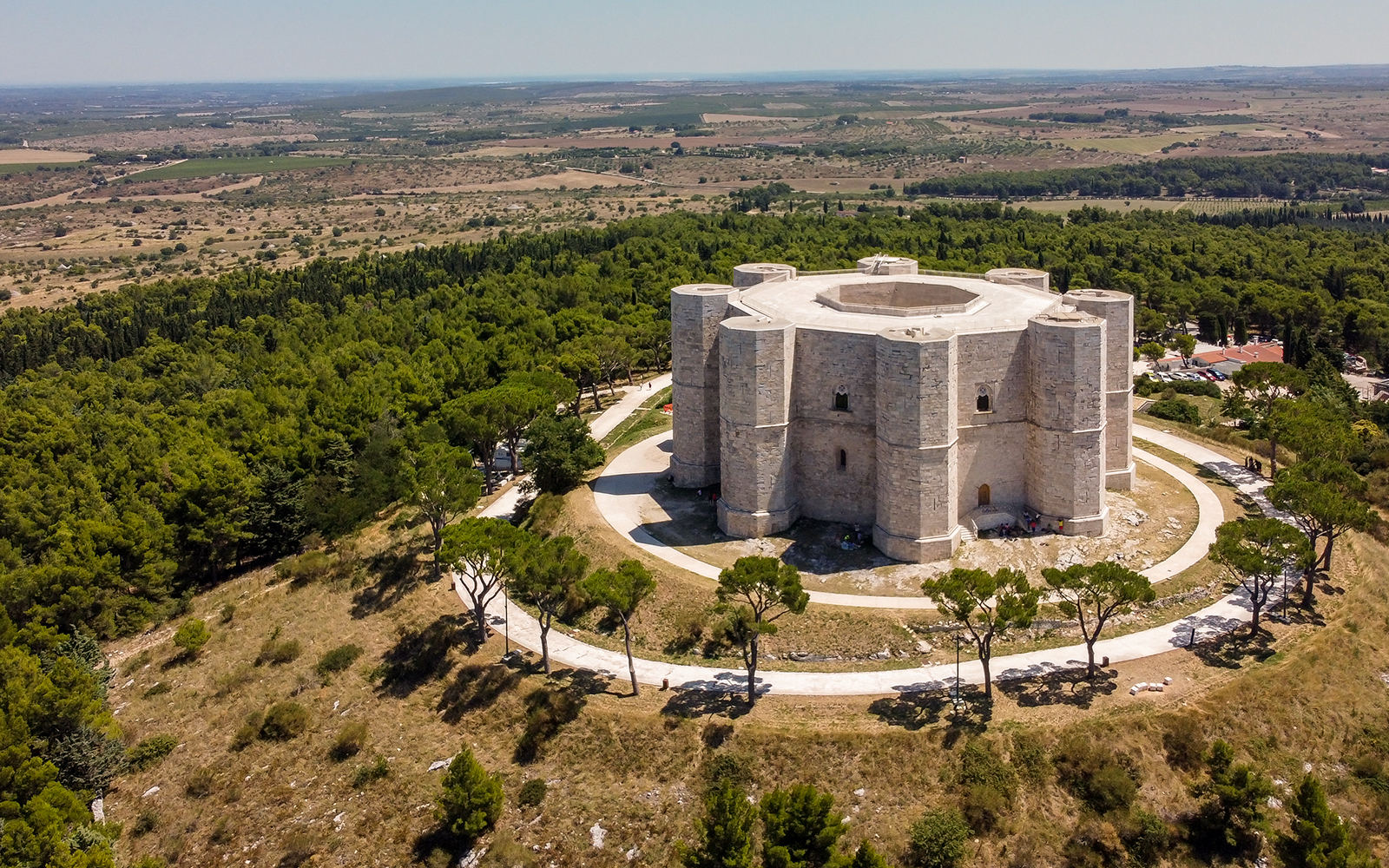 Aerial view of the Castel del Monte in Southern Italy - Octogonal shaped castle built by the Holy Roman Emperor Frederick II in the 13th century in Apulia