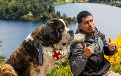 Traveler with St. Bernard dog in Bariloche mountain region, Argentina.