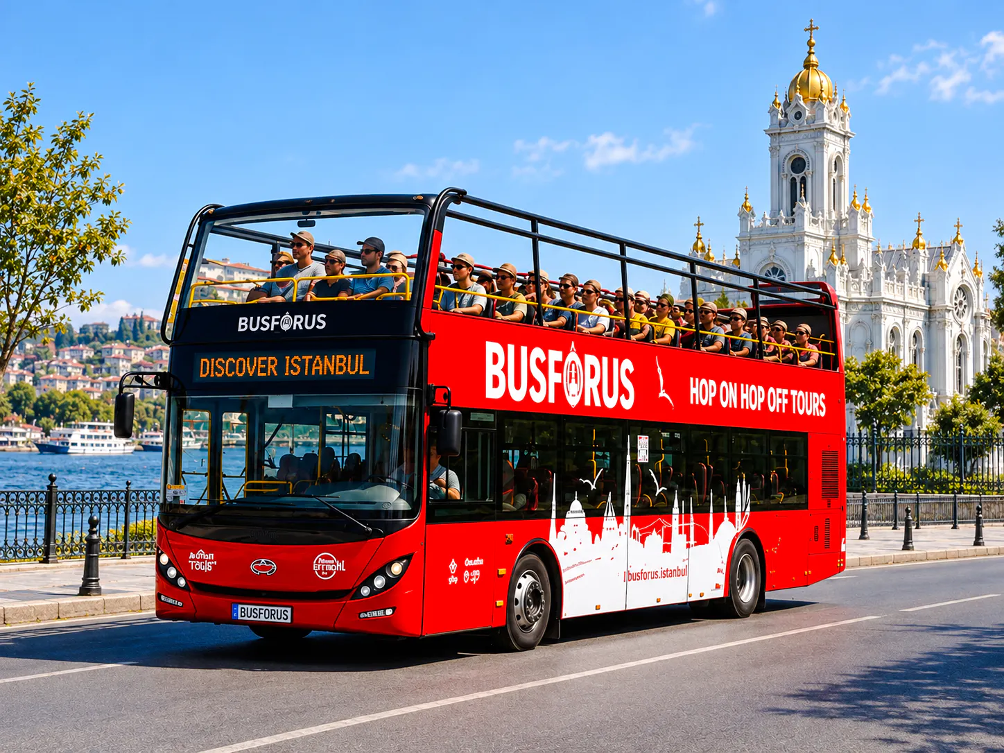 Open-top tour bus in Istanbul with passengers, passing by the Bosphorus and a historic church.