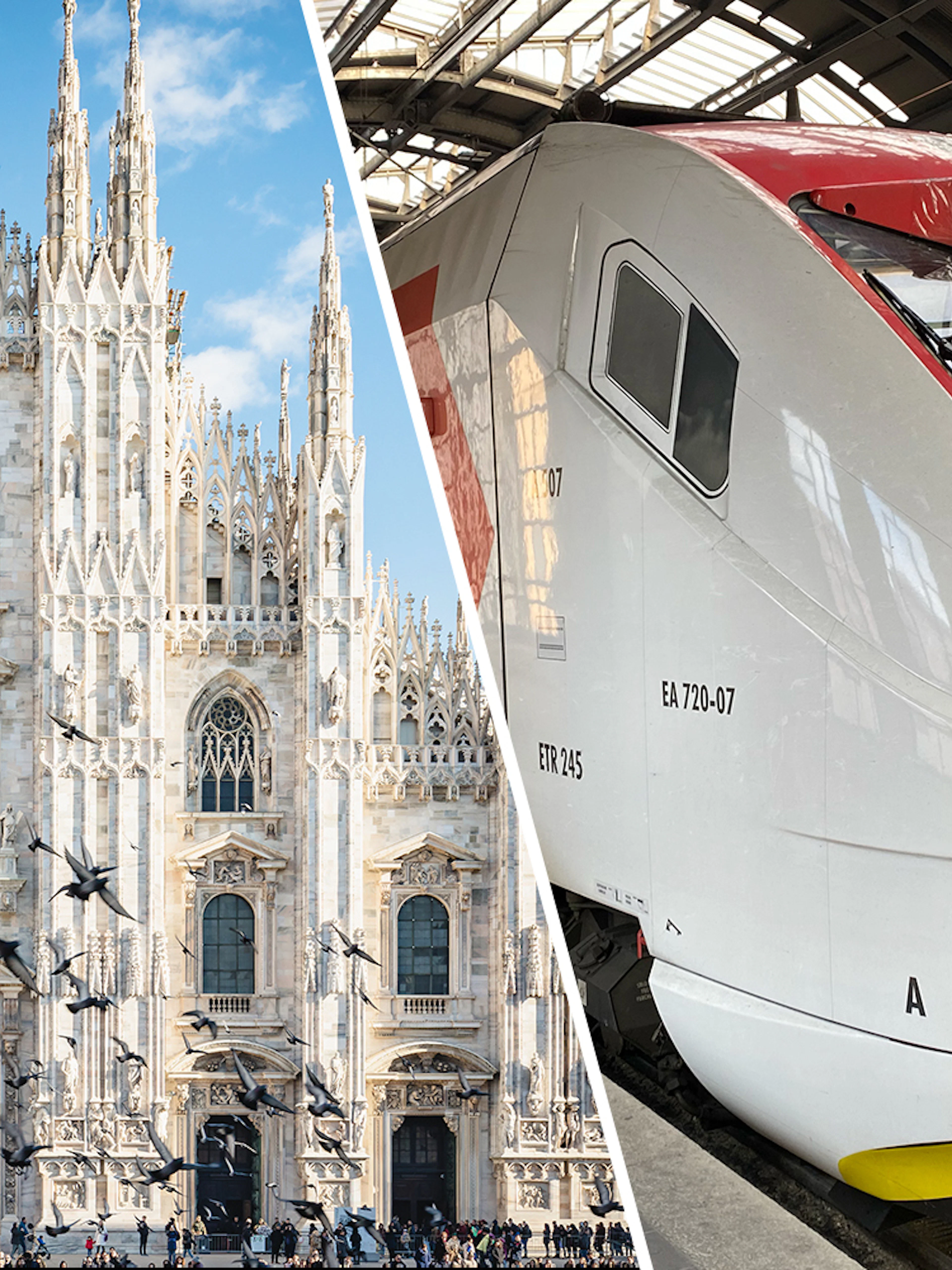Malpensa Express train and Milan Cathedral facade with birds flying.