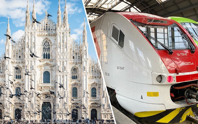 Malpensa Express train and Milan Cathedral facade with birds flying.