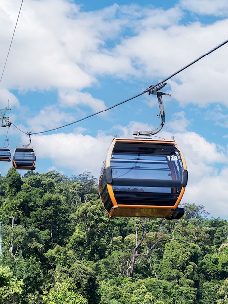 Cable cars ascending to Ba Na Hills over lush green forest.