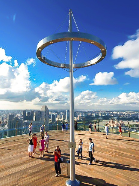 Visitors enjoying the view from Marina Bay Sands SkyPark Observation Deck, Singapore.