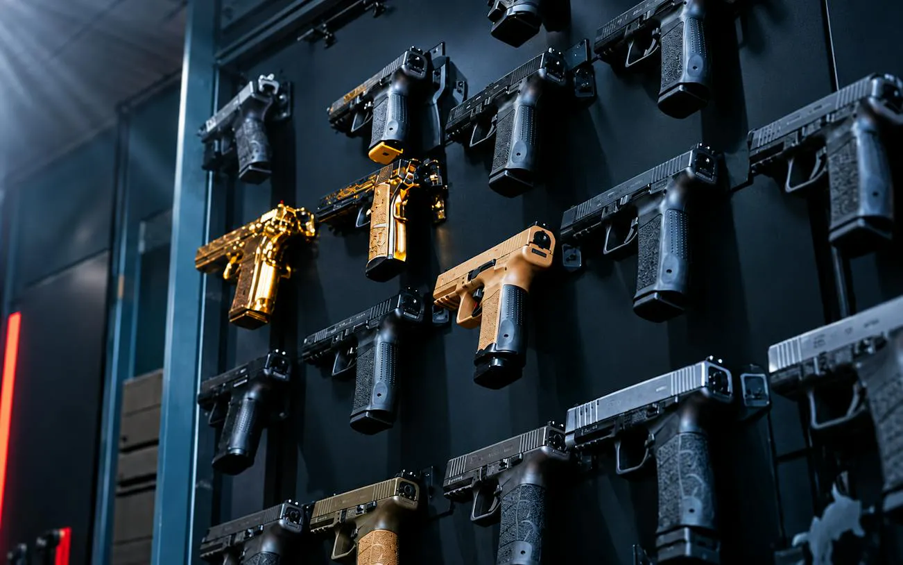Handguns displayed on a wall at Poligon Istanbul indoor shooting range, Istanbul.