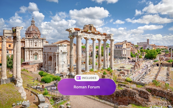 Roman Forum ruins with ancient columns and historic buildings in Rome, Italy.