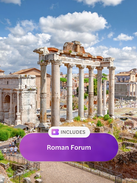 Roman Forum ruins with ancient columns and historic buildings in Rome, Italy.
