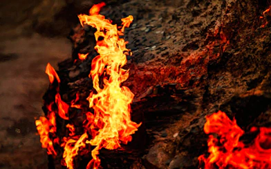 Yanardag natural gas fire burning on hillside in Azerbaijan.