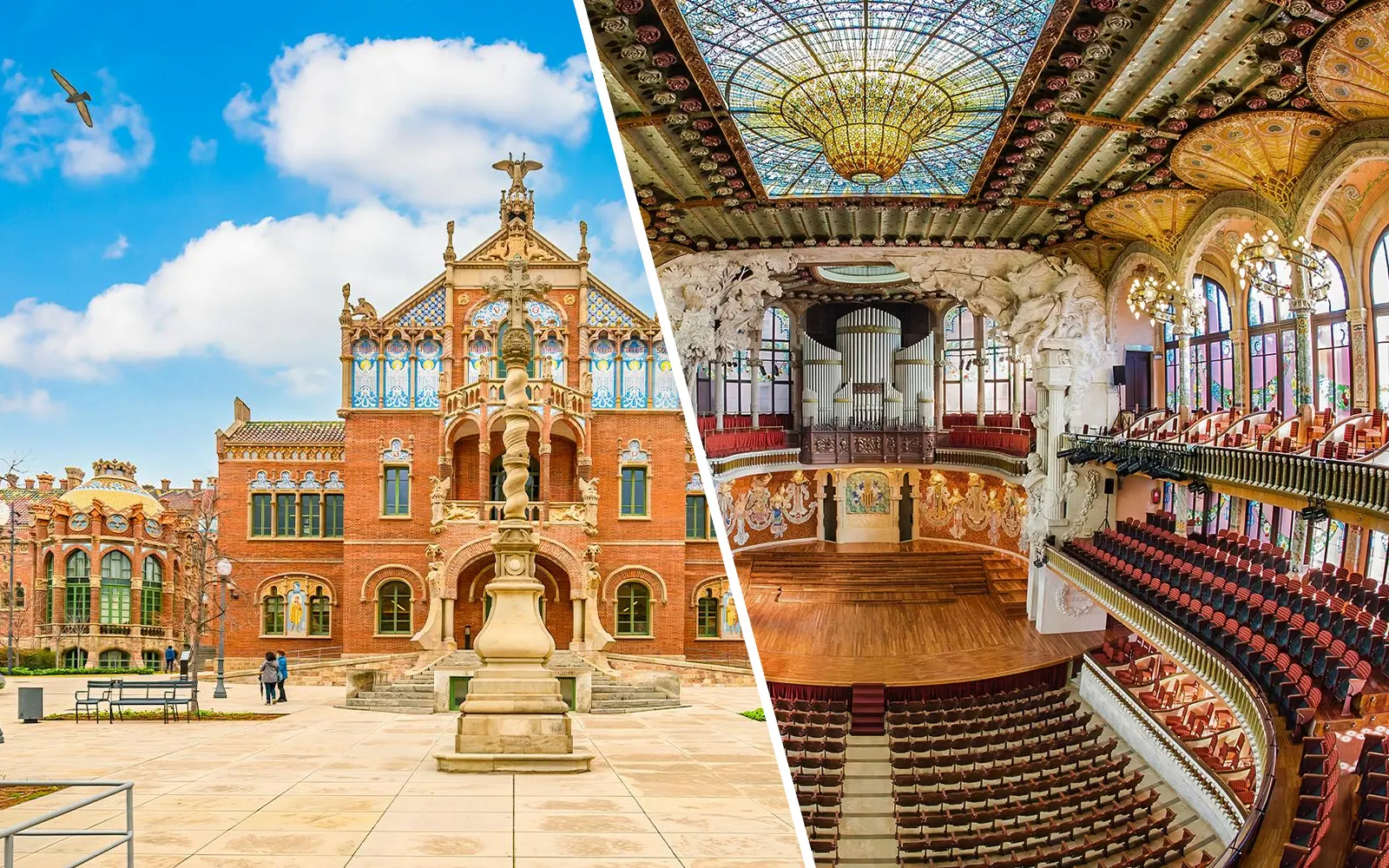 Hospital de la Santa Creu i Sant Pau exterior and interior, Art Nouveau architecture, Barcelona, Spain.
