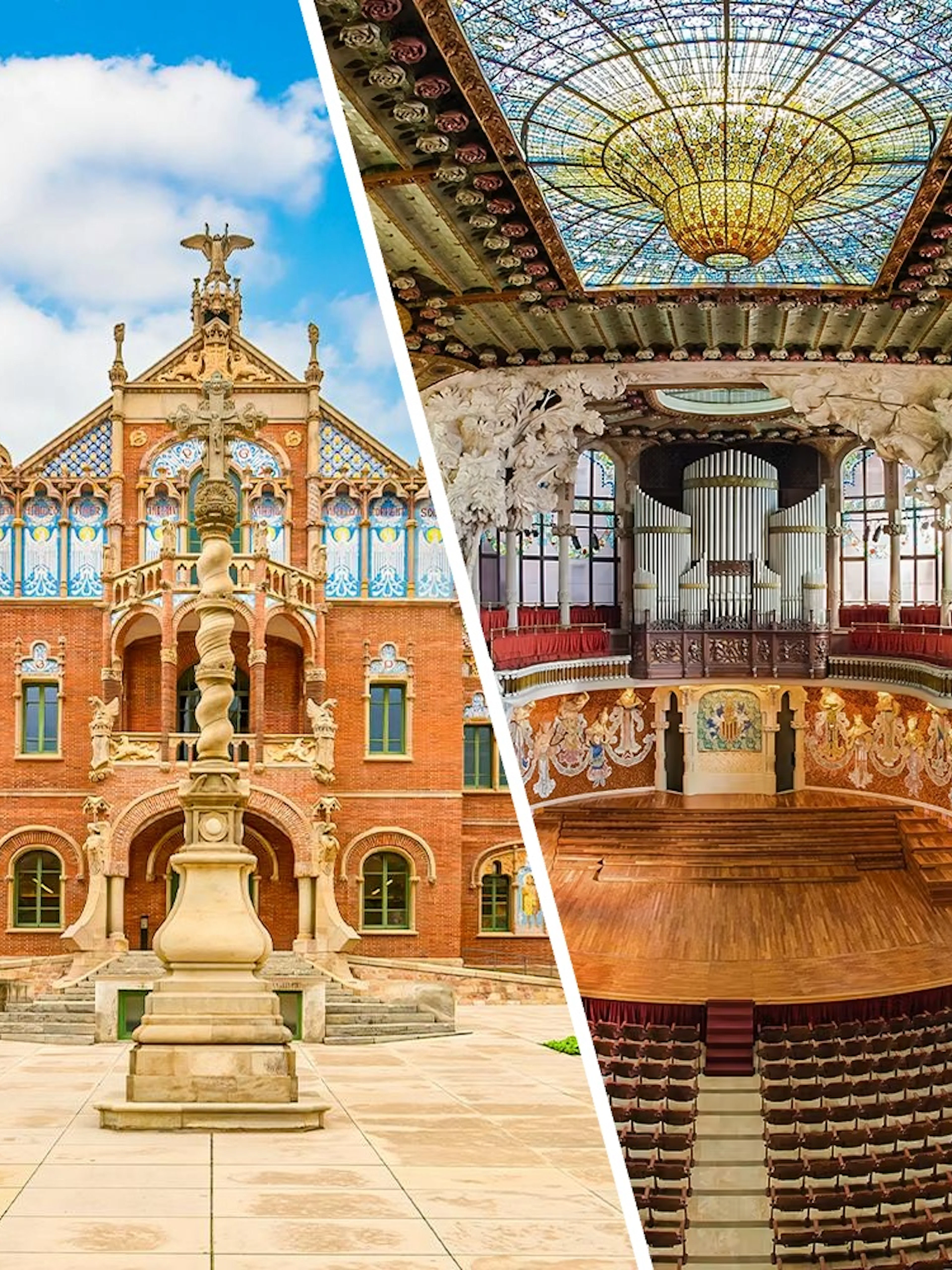 Hospital de la Santa Creu i Sant Pau exterior and interior, Art Nouveau architecture, Barcelona, Spain.
