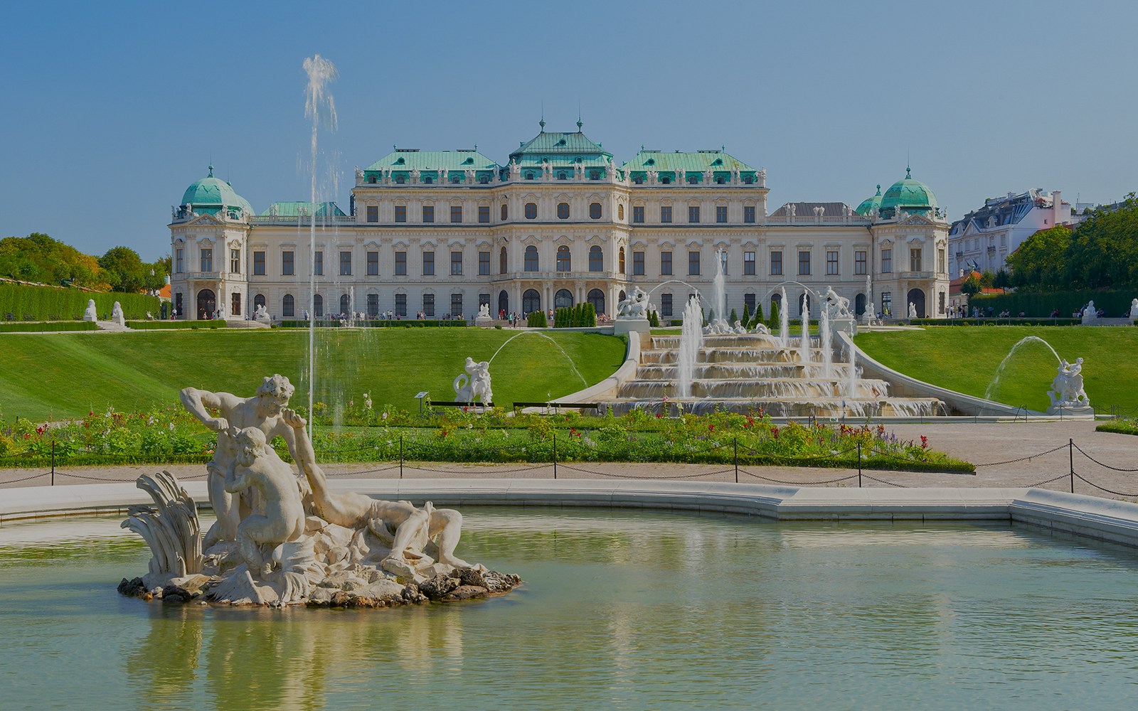 Belvedere Palace exterior with fountains and sculptures in Vienna, Austria.