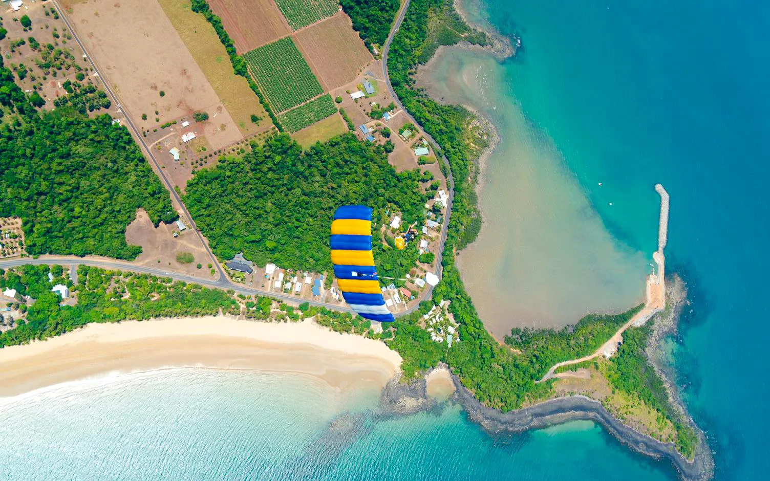 Tandem skydive over Mission Beach coastline with lush greenery and ocean views.