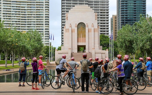 Cyclists on Bonza Bike Tours at Anzac Memorial, Sydney.