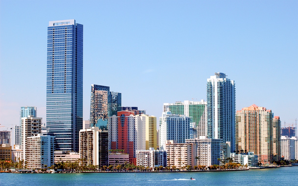 Miami skyline with high-rise buildings along Biscayne Bay.
