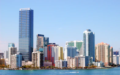 Miami skyline with high-rise buildings along Biscayne Bay.
