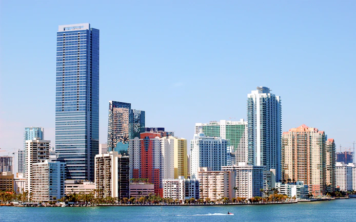 Miami skyline with high-rise buildings along Biscayne Bay.