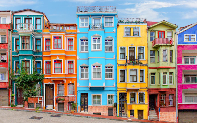 Colorful historic buildings in Balat, Istanbul, Turkey.