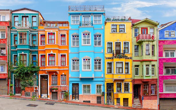 Colorful historic buildings in Balat, Istanbul, Turkey.