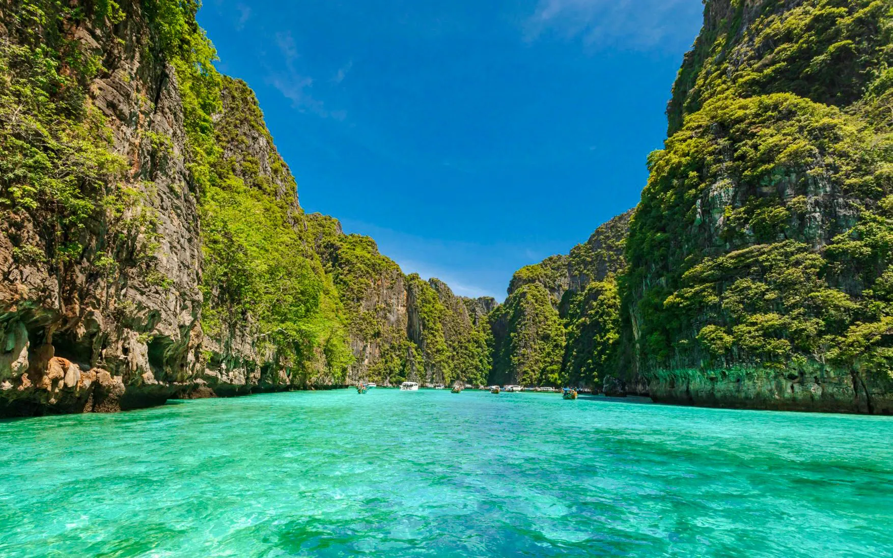 Catamaran tour through turquoise waters and limestone cliffs of Phi Phi Islands, Phuket.