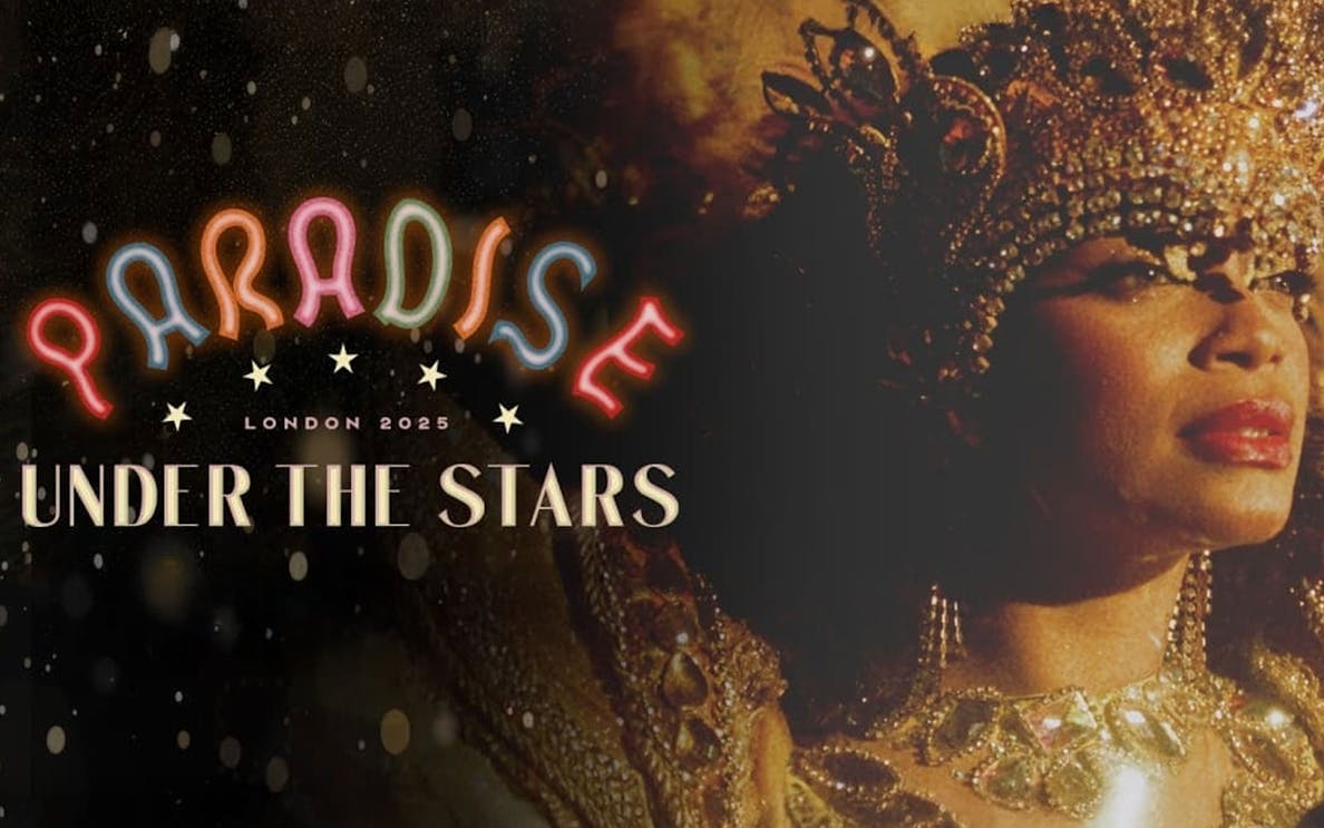 Paradis Under the Stars event poster with performer in ornate costume, London 2025.