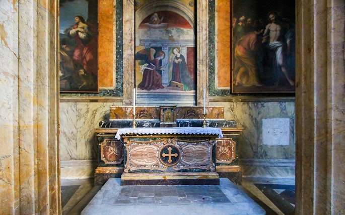 Chapel of the Annunciation altar with religious artwork in the Pantheon, Rome.