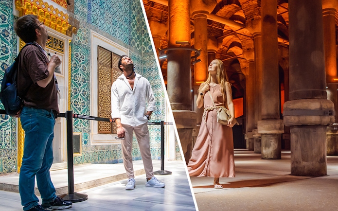 Tourists exploring the Basilica Cistern in Istanbul, with a woman admiring the ancient columns.
