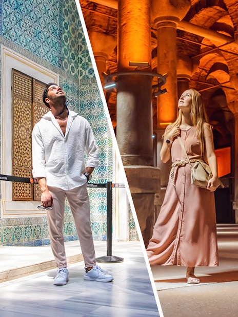 Tourists exploring the Basilica Cistern in Istanbul, with a woman admiring the ancient columns.