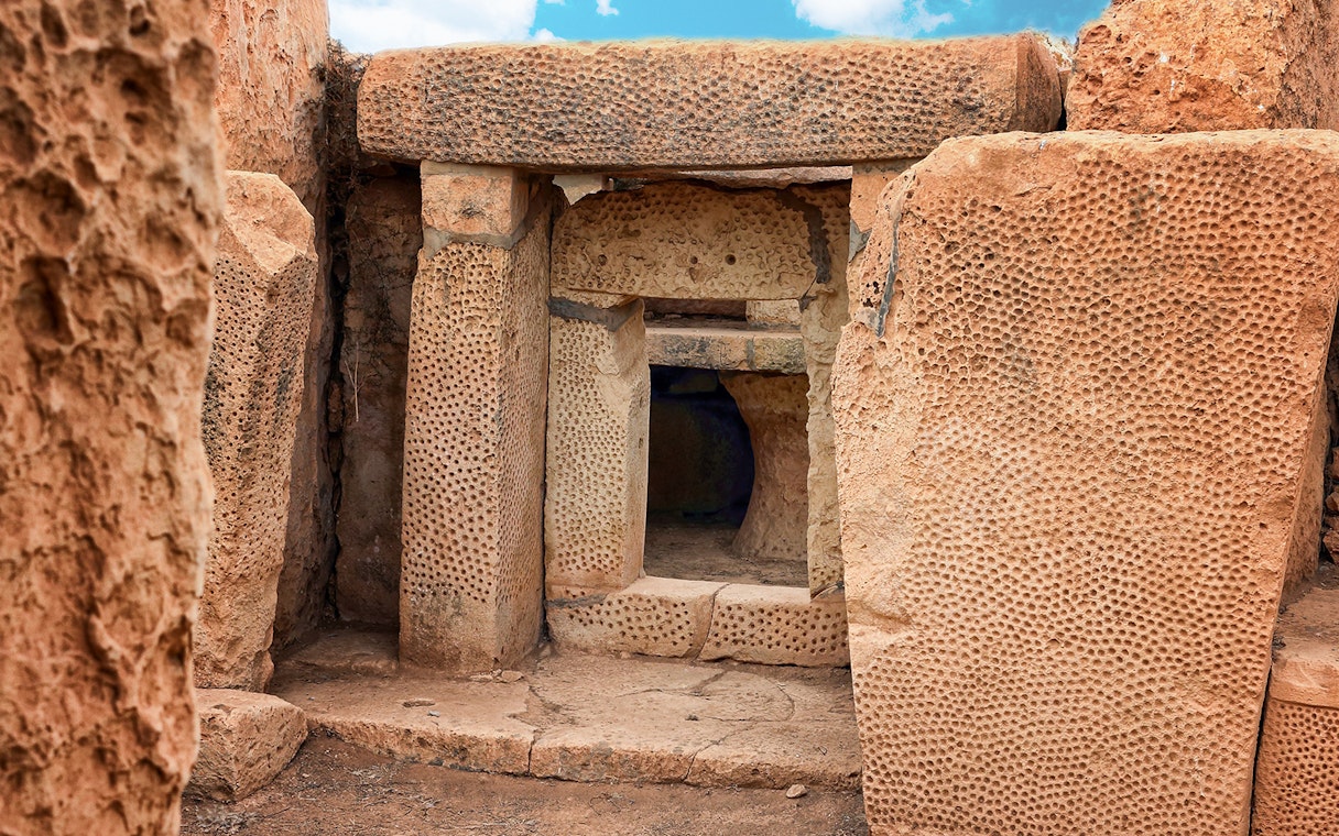 Ancient stone entrance of Hagar Qim Temples in Malta.
