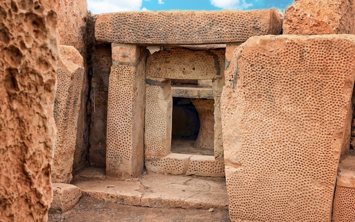 Ancient stone entrance of Hagar Qim Temples in Malta.