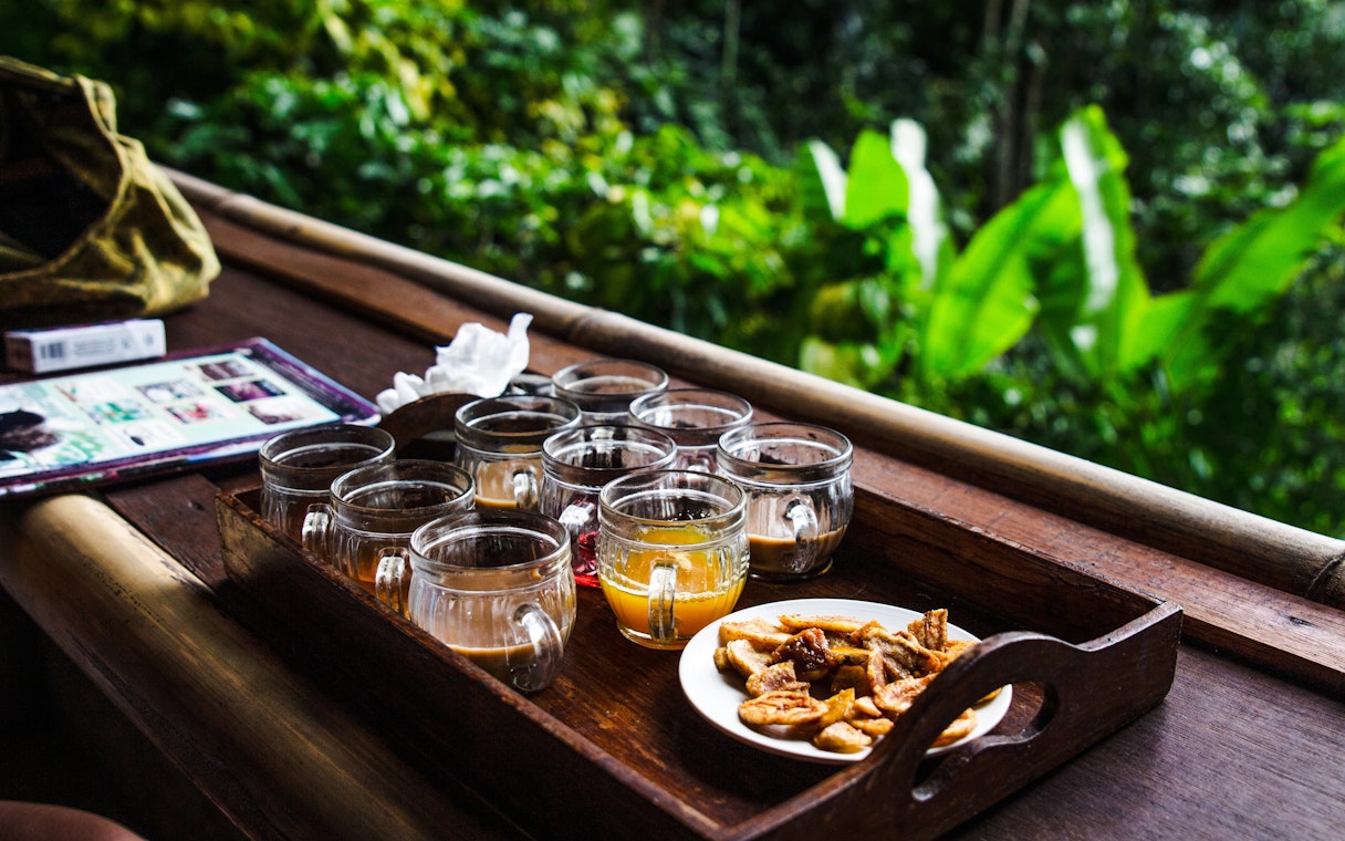Coffee tasting setup with various cups and snacks in Bali.
