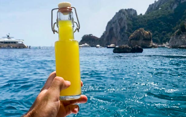 Hand holding a bottle of limoncello on a boat tour near Capri's rocky coastline.