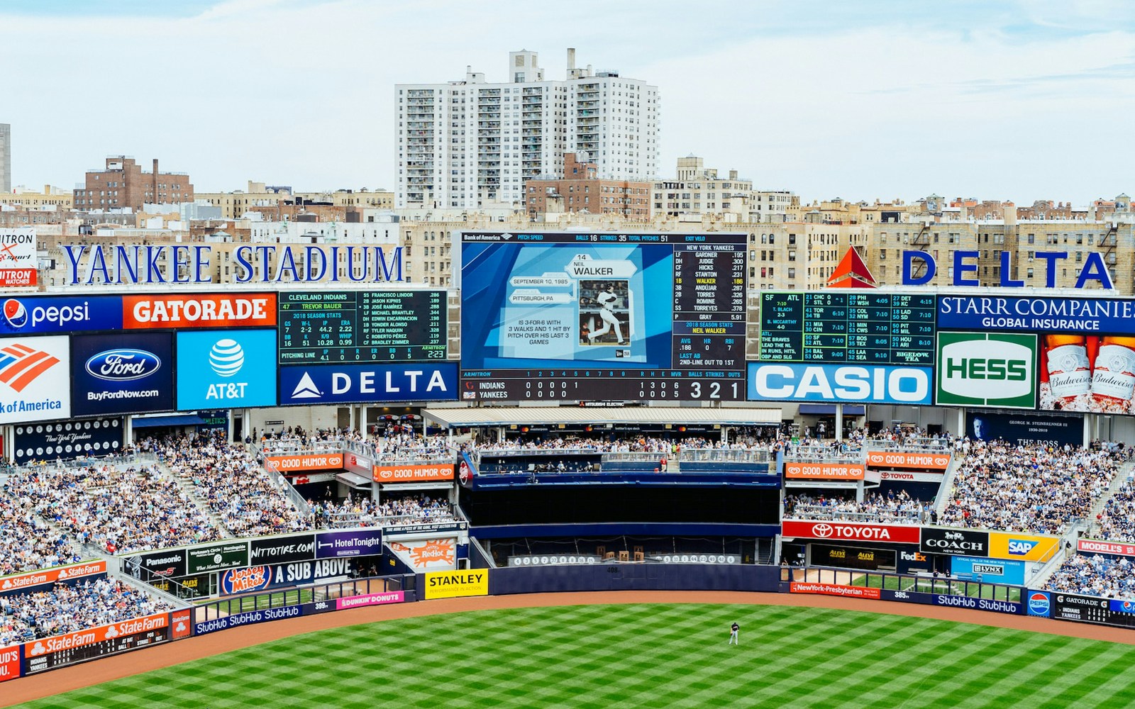 Yankee Stadium scoreboard during New York Yankees vs Kansas City Royals game, July 22, 2023.