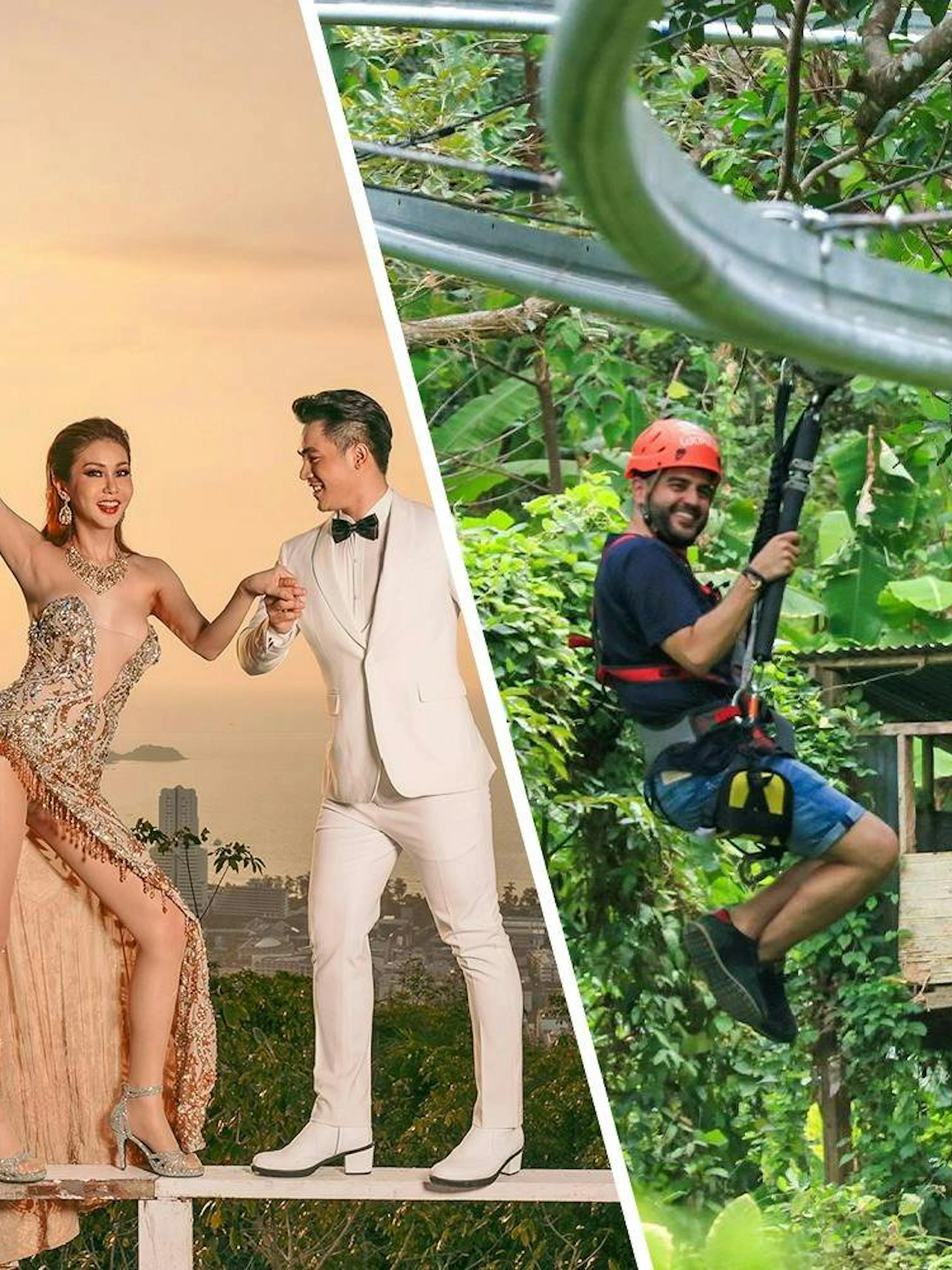 Simon Cabaret performers in Phuket and a person ziplining at Hanuman World amidst lush greenery.