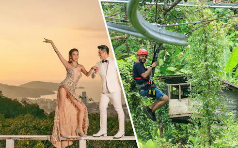 Simon Cabaret performers in Phuket and a person ziplining at Hanuman World amidst lush greenery.