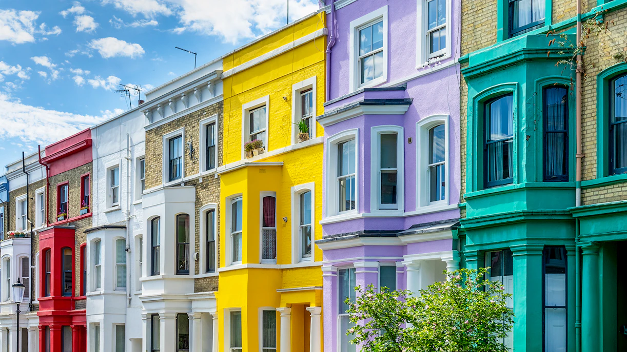 Colorful row houses in Notting Hill, London.