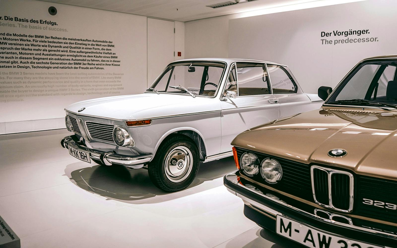 Vintage BMW cars displayed at the BMW Museum in Munich.