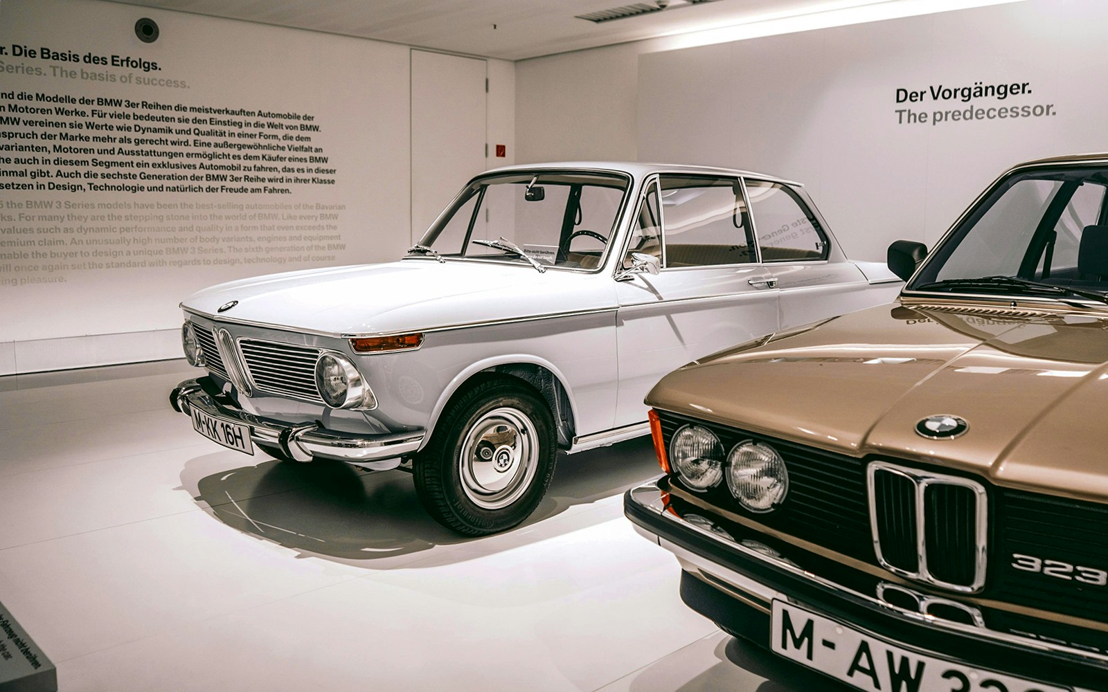 Vintage BMW cars displayed at the BMW Museum in Munich.