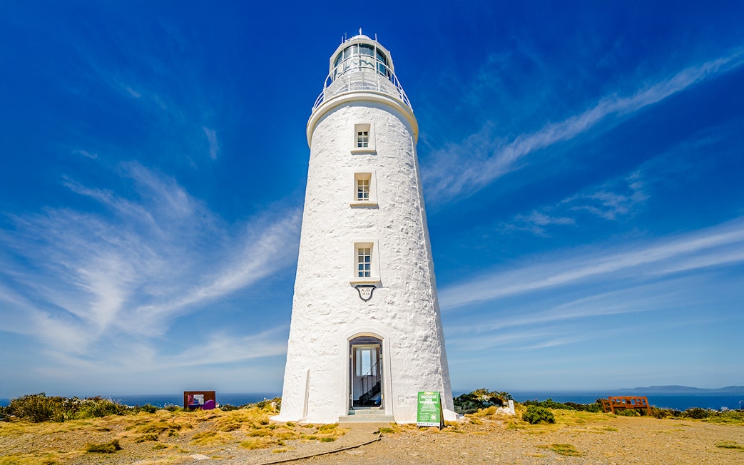 Bruny Island Lighthouse against a clear blue sky, Tasmania.