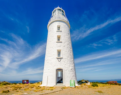 Bruny Island Lighthouse against a clear blue sky, Tasmania.