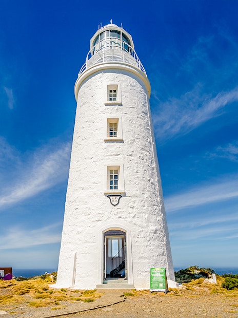 Bruny Island Lighthouse against a clear blue sky, Tasmania.