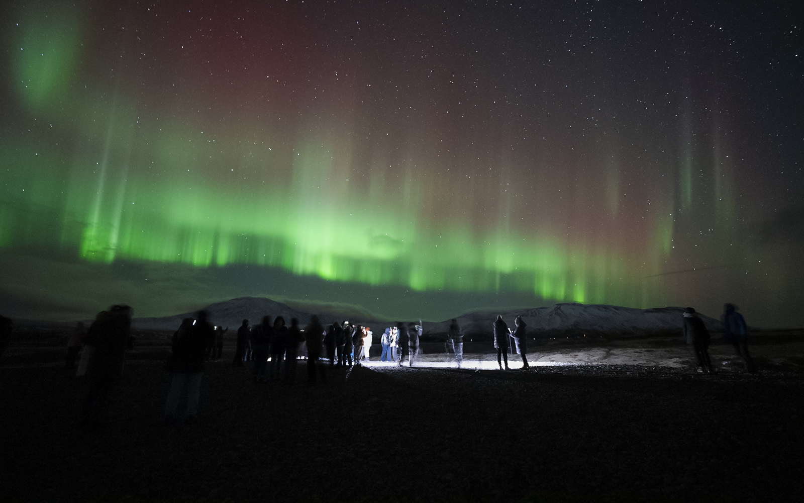 Tour group watching Northern Lights near Reykjavik.