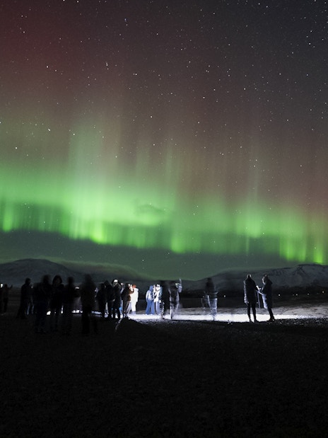 Tour group watching Northern Lights near Reykjavik.