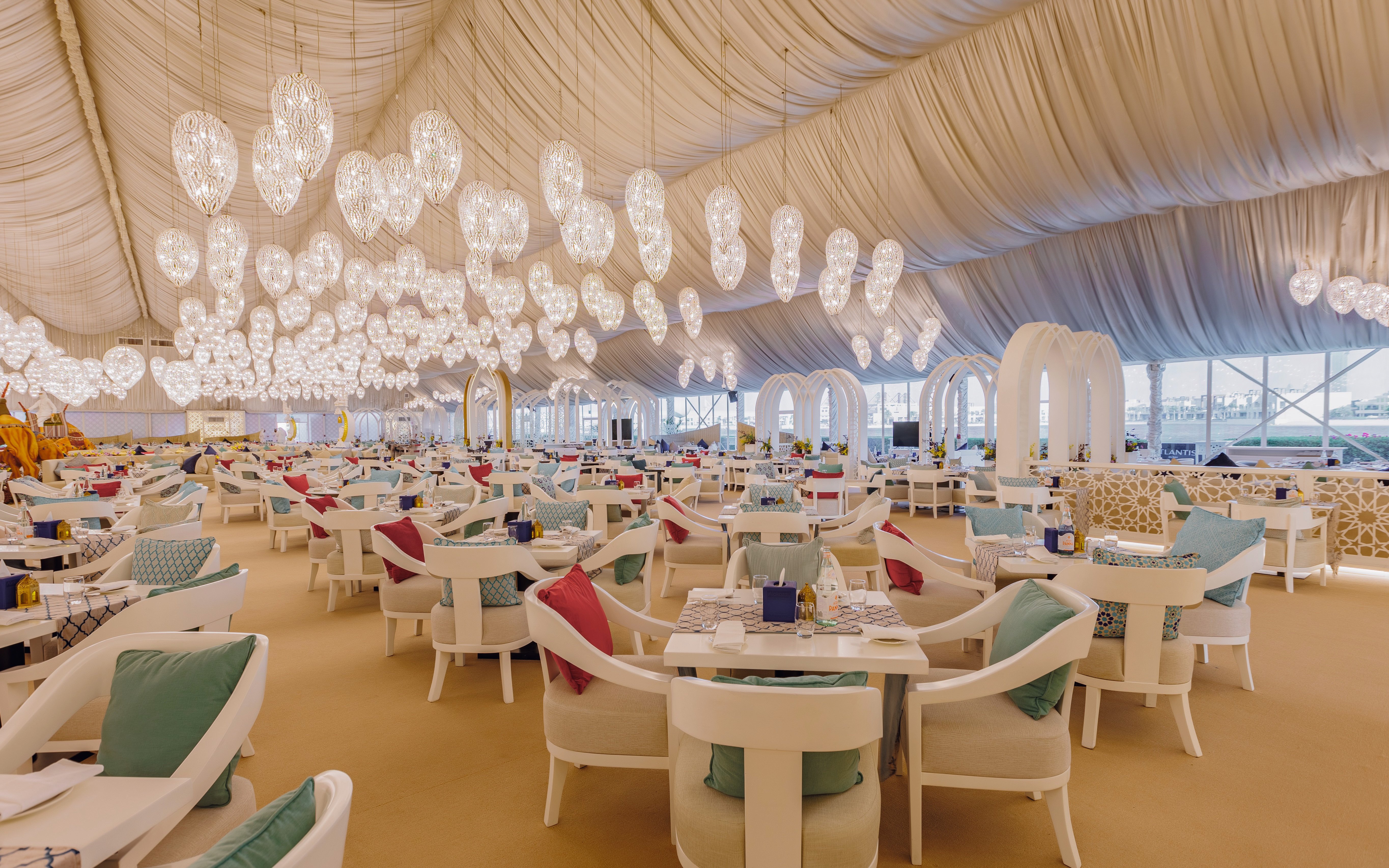Dining setup inside Asateer Tent for Iftar and Suhoor at Atlantis, The Palm, Dubai during Ramadan.